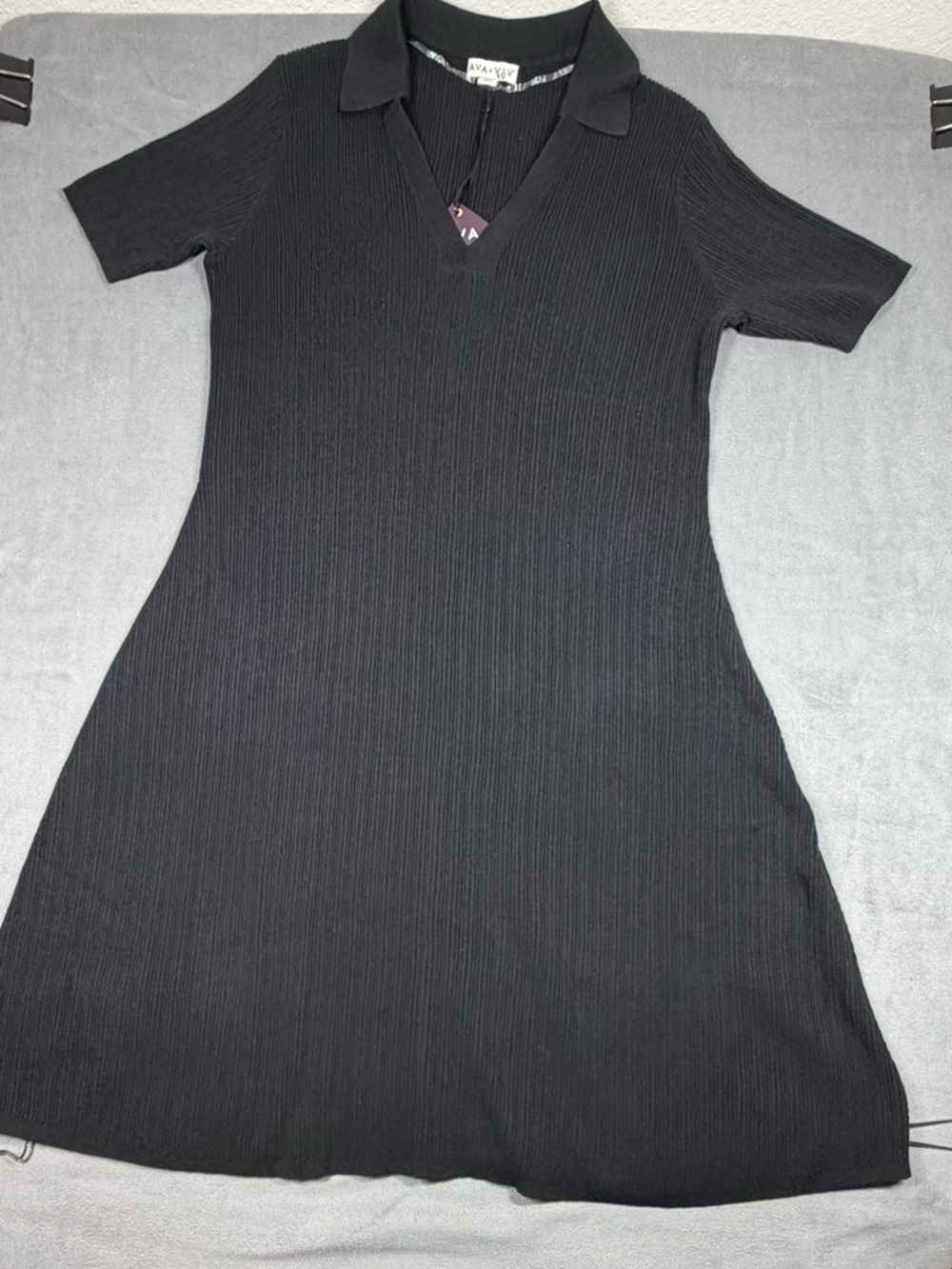 Ava & Viv Black Ribbed Polo V-Neck Midi Dress
